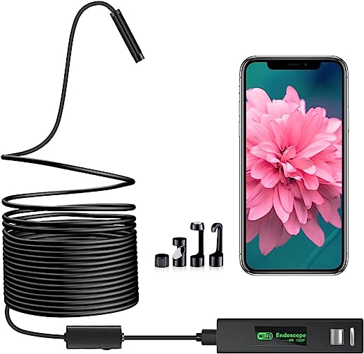 Wireless Endoscope, WiFi Borescope Inspection Camera 1200P HD Waterproof Snake Camera Pipe Drain with 8 Adjustable Led for Android & iOS Smartphone iPhone Samsung Tablet-16.4 ft (5M)