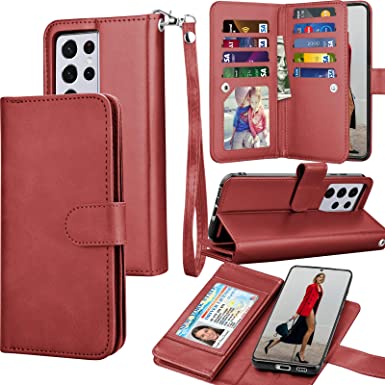 Tekcoo Wallet Case for Galaxy S21 Ultra, Luxury PU Leather ID Cash Credit Card Slots Holder Carrying Folio Flip Cover [Detachable Magnetic Hard Case] Kickstand for Samsung Galaxy S21 Ultra [Wine Red]