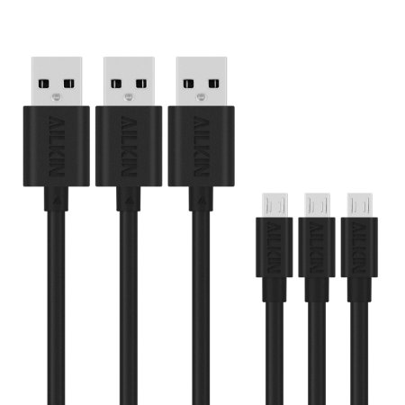Micro USB Cable-Ailkin 3-Pack Premium 6ft Extra Long Micro USB Cables High Speed USB 20 A Male to Micro B Sync and Charge Cables for Android Samsung S6S4 HTC Motorola Nokia and More Black