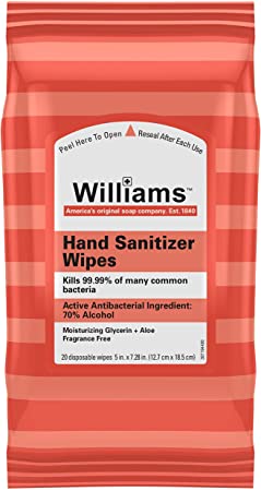 Williams Hand Sanitizer Wipes, Kills 99.99% of Many Common Bacteria, with Moisturizing Gylcerin + Aloe, Fragrance Free, 20 Wipes