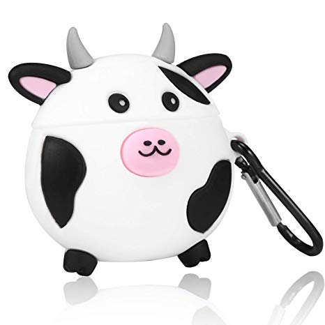Gudcos Case for Airpods, Funny Fun Animal Cartoon Silicone Design, Character for Kids Teens Girls Air pods Charging Case Soft Skin Carabiner Protective Cover for Airpod 2/1 [Cute Cow]