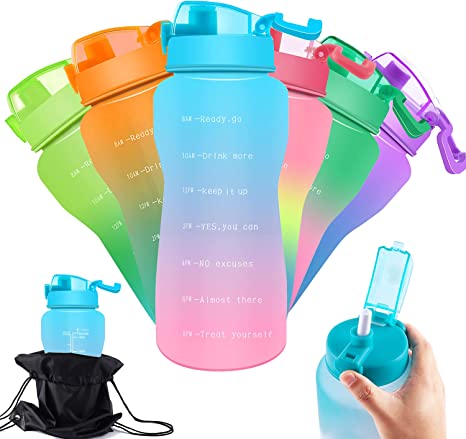 64 oz Large Motivational Water Bottle with Time Marker&Straw,Half Gallon Leakproof Water Jug for Sports Fitness Non-Toxic Wide Mouth Design Durable Tritan Material BPA Free (Blue and Pink)