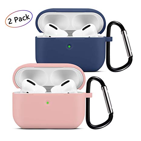 Kinhank Silicone Cover for 2019 Airpods Pro Case,Compatible with 3rd Gen Airpods Pro Charing case with Keychain,clearing Brush 6 in 1 (2pack)-Baby Pink/Midnight Blue