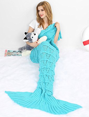 Mermaid Tail Blanket,Merssyria Mermaid Tail Blanket,Air Conditioning Blanket,All Seasons Knitted Blanket,Sleeping Bag for Sofa,Bed or Camping Out.Warm and Soft Handmade Blanket for Children and Adults,With Vacuum Packaging and Waterproof Bag.(71"x35.5", Diamond-Light blue)