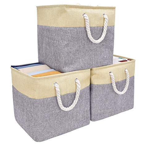 StorageWorks Rectangular Basket, Foldable Canvas Baskets for Storage Cube with Rope Handles, Canvas Linen, Gray/Beige, 3-Pack