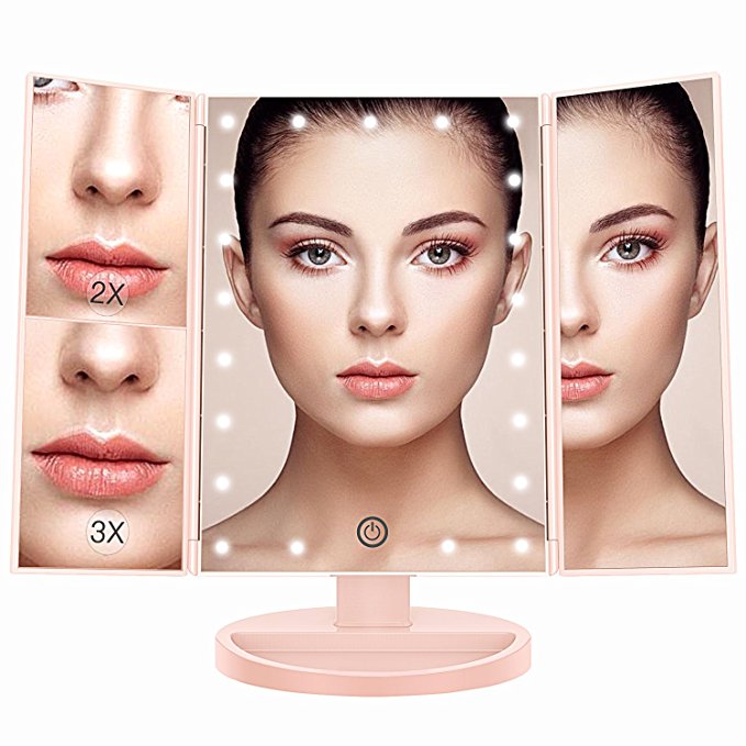 BESTOPE Makeup Vanity Mirror with 3x/2x Magnification,Trifold Mirror with 21 Led Lights,Touch Screen, 180° Adjustable Rotation,Dual Power Supply, Countertop Cosmetic Mirror (Pink)