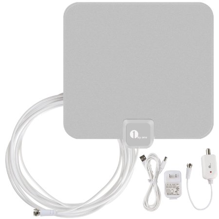 1byone 40 Miles Amplified HDTV Antenna with USB Power Supply 16.5 Feet Coaxial Cable - Silver/Black