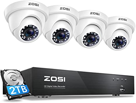 ZOSI 4K Ultra HD Home Security Camera System Outdoor Indoor, H.265  4 Channel CCTV DVR with 2TB Hard Drive and 4 x 4K (8MP) CCTV Dome Camera, 150ft Night Vision, Remote Access, Motion Alert Push