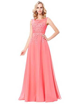 GRACE KARIN Chiffon V Back Evening Dresses Long Prom Gown With Beads Appliques