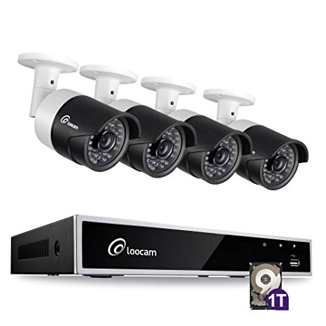 Loocam CCTV Camera System, 720p 4ch DVR Recorder with 1TB HDD and 4 Weatherproof Cameras, 150ft Night Vision, Remote Control, Motion Detection