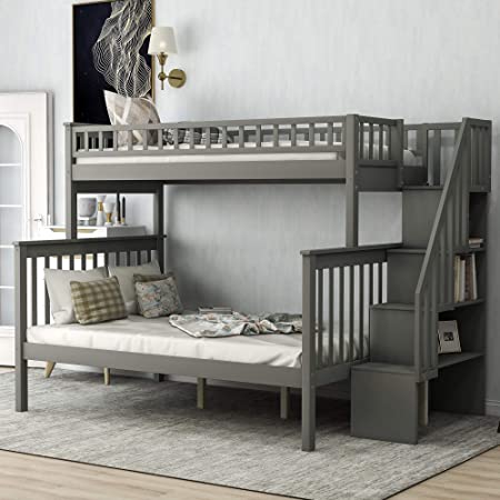 Merax Stairway Bunk Beds Twin Over Full with Storage, Gray