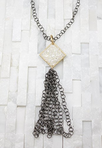 Tassel Necklace in Winter White and Matte Gunmetal CZ