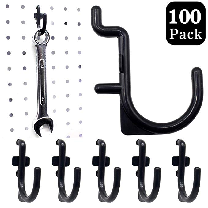 Pegboard Hooks 100 packs Large Size J Shape Peg Hooks Black Hooks Assortment Tool Storage Garage Organizer (LARGE 100 PACK)