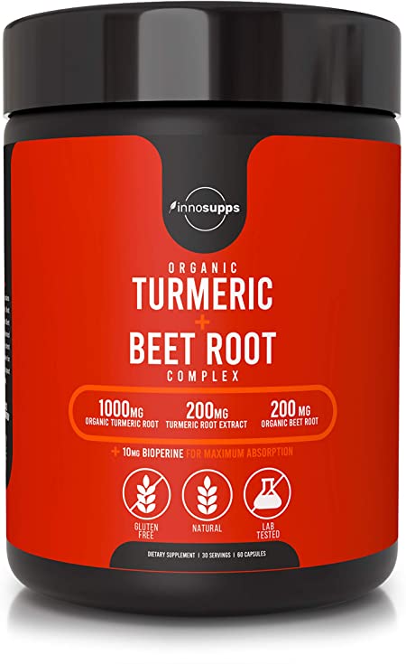 Organic Turmeric and Beet Root Complex - Bioperine (Black Pepper Extract for Maximum Absorption), Reduce Inflammation, Improve Gut Health & Joint Pain, Potent Antioxidant - 60 Veggie Capsules
