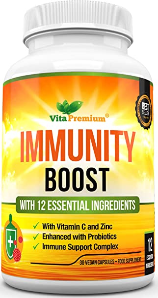 Vitamin C and Zinc Immune Support Complex with Turmeric Curcumin, Ginger, Vitamin B12, Probiotics, Iron, Garlic, Cranberry, Selenium, Rosehip - 30 Easy to Swallow Capsules