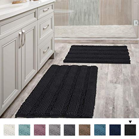 Extra Thick Striped Bath Rugs for Bathroom - (Set of 2) Anti-Slip Bath Mats Soft Plush Chenille Yarn Shaggy Mat Living Room Bedroom Mat Floor Water Absorbent (Jet Black, 20 x 32 Plus 17 x 24 - Inches)