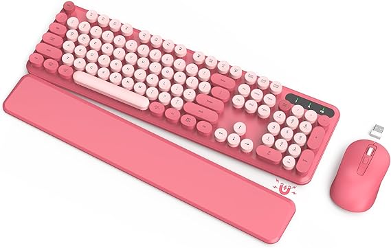 Wireless Keyboard and Mouse Combo - Pink Retro Keyboard with Round Keycaps, Full-Size Typewriter Keyboard with Detachable Wrist Rest, 2.4GHz Dropout-Free Connection for Mac/Windows/PC(Pink-Colorful)