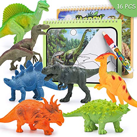 Toyk Dinosaur Toys for boy and Girl 3 Year Old & Up,12 Pack Kids Animal Dinosaur with Dinosaur Doodle Book (Realistic Dinosaur Magic Doodle Book