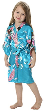 JOYTTON Girls' Satin Kimono Peacock Flower Robe For Spa Party Wedding Birthday