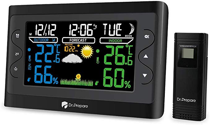 Dr. Prepare Digital Wireless Weather Station with Outdoor Sensor, 7.6" Colored LCD, Adjustable Brightness, Accurate Indoor Outdoor Temperature and Humidity, Alarm Clock, and Battery Backup (Black) …