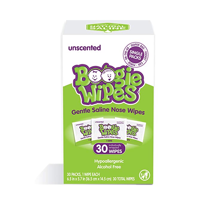 Hand, Face and Nose Wet Wipes for Kids and Baby, Boogie Wipes Single Packs, Unscented, Wipes Away Dirt and Germs, Natural Saline Tissue with Aloe, Chamomile and Vitamin E, 1 Count, Pack of 30
