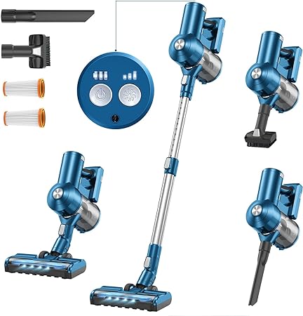 EICOBOT Cordless Vacuum Cleaner, 8 in 1 Lightweight Stick Vacuum with 28Kpa Powerful Suction Brushless Motor, Max 38mins Runtime, Handheld Vacuum for Carpet Hard Floor Pet Hair A30 Azure Blue