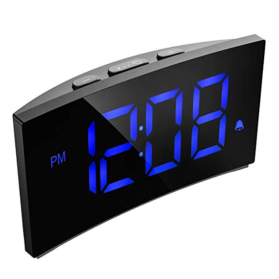 PICTEK Digital Alarm Clock, 5" Curved Dimmable LED Screen, Digital Clock for Kid Senior, Ultra-Clear White Large Number, 6 Brightness, Snooze, Alarm Clocks for Bedrooms (NO Adapter) (Y Blue)