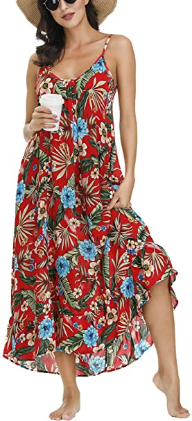 BUENOS NINOS Women's V Neck Floral Maxi Dress Boho Printed Adjustable Spaghetti Strap Ethnic Beach Long Dress with Pockets