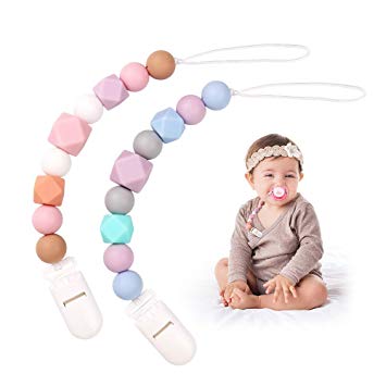 Pacifier Clip Soother Chains for Baby Girls(2 Pack), BPA Free Soft Silicone Teething Relief Beads Binky Teether Holder Set