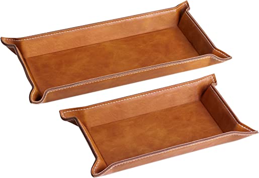 Navaris Faux Leather Tray Set - 2 Valet Organiser Trays for Bedside Table, Night Stand, Desk - Store Keys, Change, Wallet, Phone, Glasses - Brown