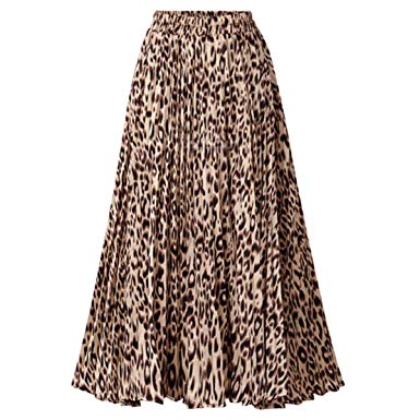 CHARTOU Womens Chic Elastic High Waisted A Line Leopard Print Pleated Shirring Midi-Long Skirt