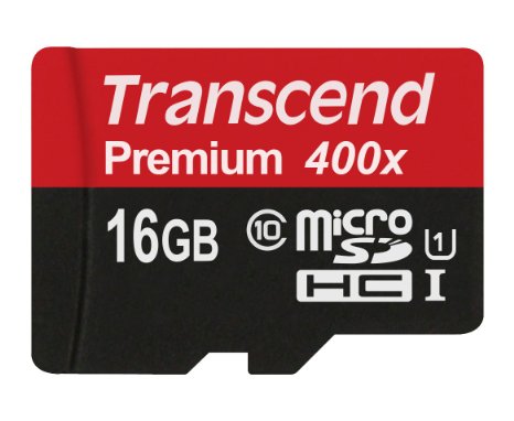 Transcend 16GB MicroSDHC Class 10 UHS-1 Memory Card with Adapter Up to 60MB/s (TS16GUSDU1PE)