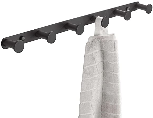 BigBig Home 18 Inch Coat Hook SUS304 Stainless Steel Wall Mounted Towel and Key Hook Rail Rack with 6 Heavy Duty Hooks, Black Finish.