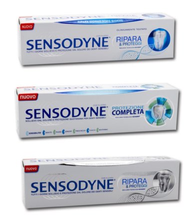 Sensodyne: Set of 3 Toothpastes with NovaMin (Protezione Completa, Ripara e Proteggi, Ripara e Proteggi Whitening) * 2.53 Fluid Ounce (75ml) Packages * [ Italian Import ]