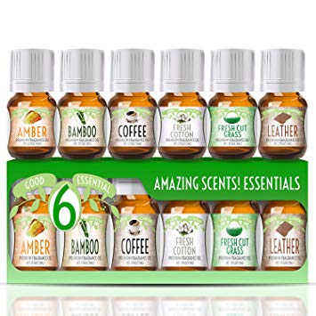 Fragrance Oils Set of 6 Scented Oils from Good Essential - Amber Oil, Coffee Oil, Leather Oil, Fresh Cotton Oil, Fresh Cut Grass Oil, Bamboo Oil: Aromatherapy, Perfume, Soaps, Candles, Slime, Lotions!