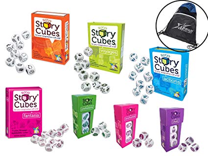 Rory's Story Cubes Bundle - Includes Rory's Story Cubes Original, Actions, Voyages, Fantasia, & Mix Expansions Prehistoria, Enchanted, Clues (7 Items) Gamewright & Myriads Drawstring Bag