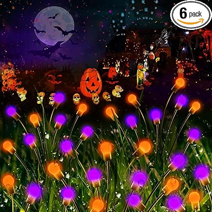 6-Pack Solar Garden Lights, New Upgraded 48 LED Firefly Solar Lights Fairy Garden Decor, Waterproof Outdoor Solar Lights for Halloween Outside Yard Patio Pathway Decorations (Orange & Purple)