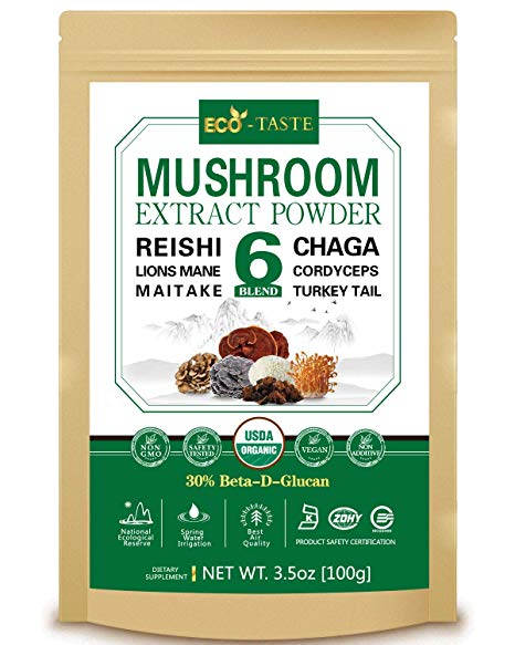 ECO-TASTE 6 Blend Mushroom Extract Powder 100g Beta-D-Glucan 30%,USDA Organic, Lions Mane, Reishi, Cordyceps, Chaga, Turkey Tail, Maitake,Real Fruiting Body Supplement