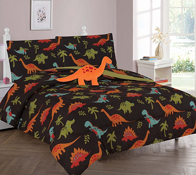 Twin & Full 6 Pcs or 8 Pcs Comforter/ Coverlet / Bed in Bag Set with Toy (Twin, Dinosaur Brown)