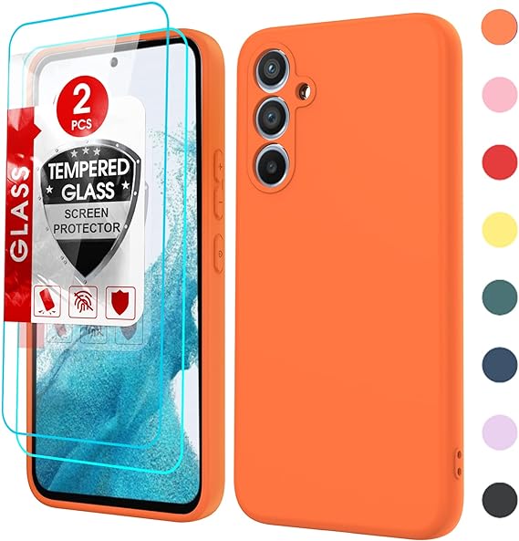 LeYi for A54 5G Case: Galaxy A54 Case with [2 Pack] Tempered Glass Screen Protector, Liquid Silicone Soft Microfiber Liner Case Galaxy A54 5G… (Orange)