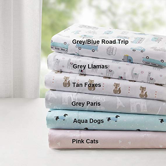 Intelligent Design Novelty Print Ultra Soft Hypoallergenic Wrinkle Free Microfiber Animals Cute Chic Kids Teens Sheet Set Bedding, Queen Size, Grey/Blue Road Trip 4 Piece