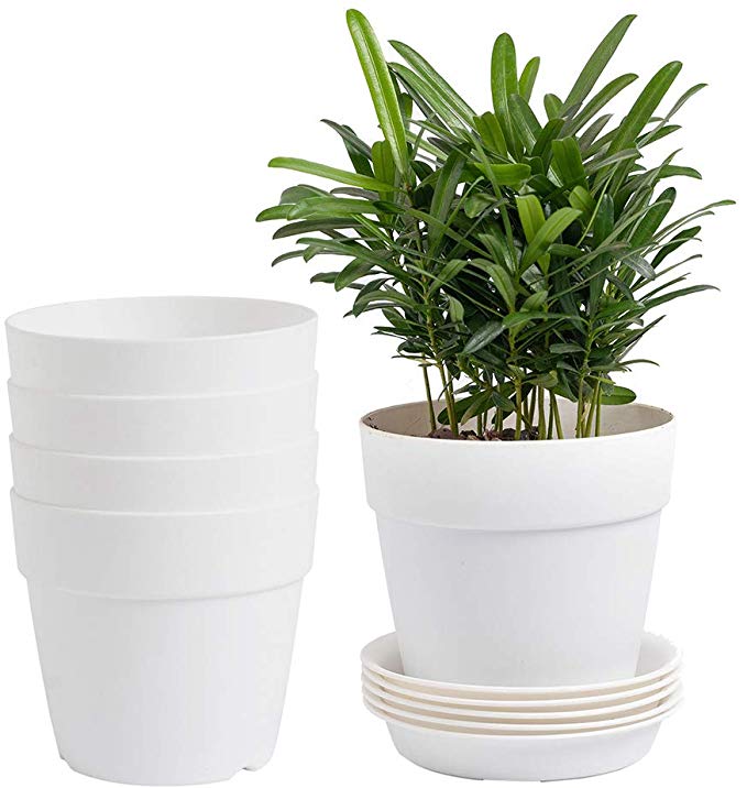 YXMYH 5.2 Inch Plastic Planters Indoor Set of 5 Flower Plant Pots Modern Decorative Gardening Pot with Drainage Hole and Tray for All House Plants, Succulents, Flowers, Foliage Plants, Cream White