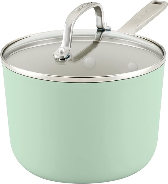 KitchenAid Hard Anodized Ceramic Nonstick Cookware Sauce Pan with Lid, 3 Quart, Pistachio