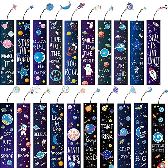 20 Pieces Space Theme Bookmarks Set, Inspirational Quotes Bookmark with Metal Charms Encouraging Bookmark School Prize Bookmark for Students Kids Adults Reading Present Party Favors