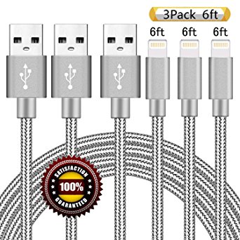BULESK iPhone Cable 3Pack 6FT Nylon Braided Certified Lightning to USB iPhone Charger Cord for iPhone 7 Plus 6S 6 SE 5S 5C 5, iPad 2 3 4 Mini Air Pro, iPod Nano 7- Gray