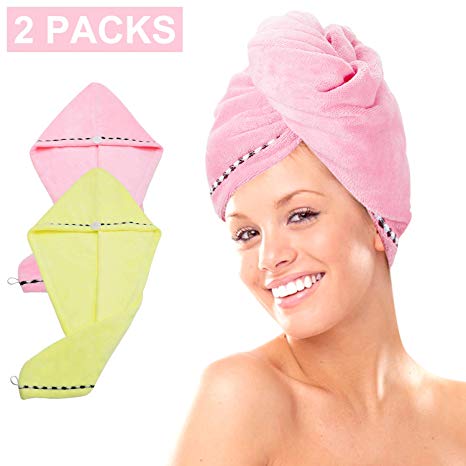 MICGEEK Shower Hair Drying Towel Wrap, 2 Pack Microfiber Turban Towel With Button, Super Absorbent Dry Hair Quickly Wrapped Bath Cap,Pink Yellow