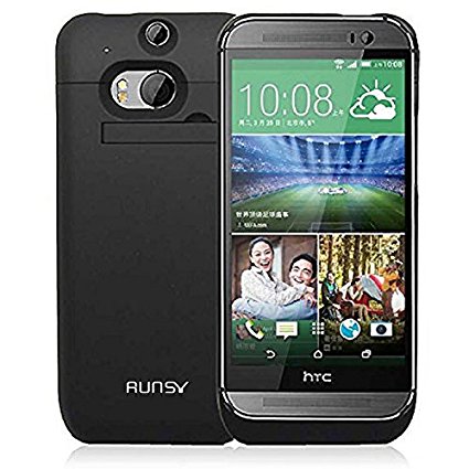 RUNSY HTC ONE M8 Battery Case, 4500mAh Rechargeable Extended Battery Charging Case for HTC ONE M8, External Battery Charger Case, Backup Power Bank Case with Kickstand (Black 4500mAh)