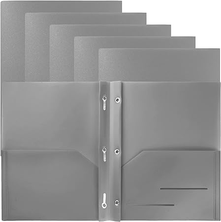Youngever 6 Pack Heavy Duty Plastic Two Pocket Folders with 3 Prongs, Metal Prongs Fastener, Heavy Duty Plastic 2 Pocket Folder (Grey)