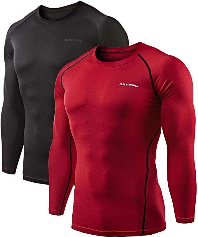 DEVOPS Men's 2 Pack Thermal Heat-Chain Compression Baselayer Tops Long Sleeve T-Shirts