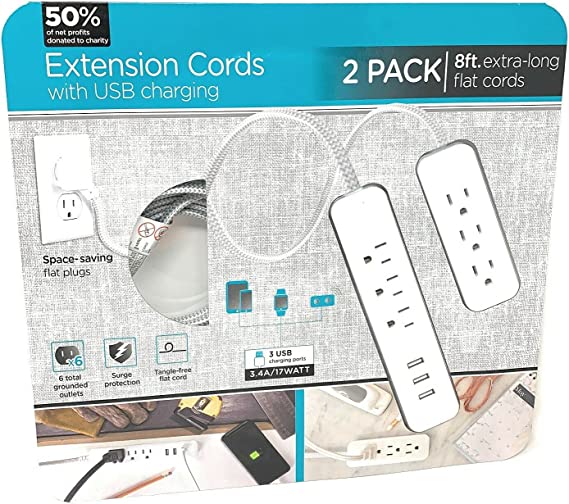 2-Pack Extension Cords with USB Fast Charging, 6 Outlets, 3 USB Ports, 3.4A, 8 ft Braided Extension Cords, Flat Plug, Dual Desktop Power Centers, ETL Listed, Gray/White, 45720